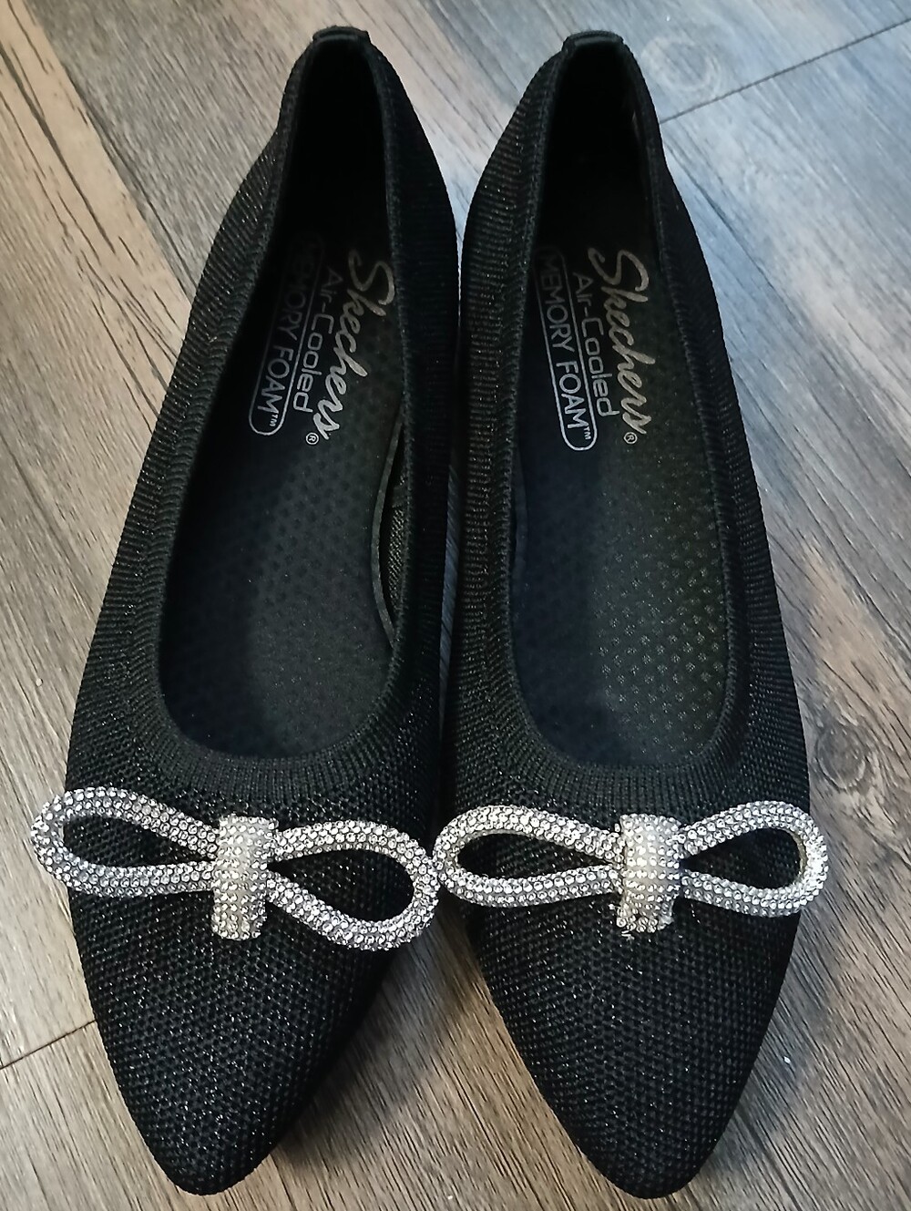 Skechers Black Pointed Toe Flats with Rhinestone Bow Accent